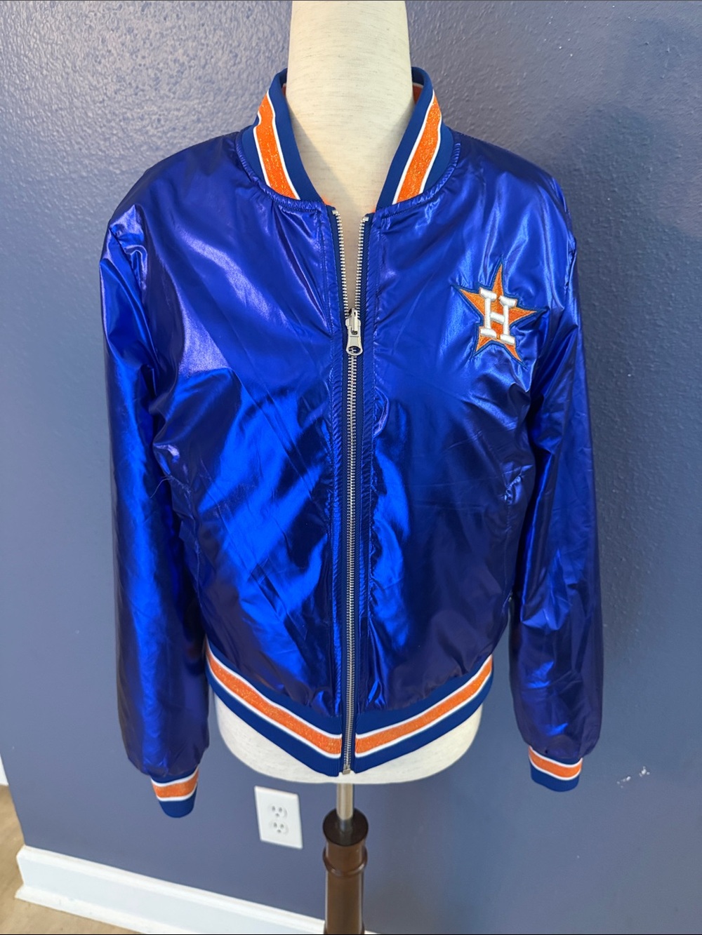 Houston Astros Shiny Blue Bomber Jacket with Orange Trim reversible!!!